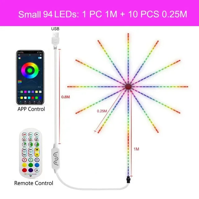 Smart RGB Fyrverkeri LED Lyskurs Jul Lys - App Kontrollert Starburst Fe-lamper med Musikk Synk for Fester, Bryllup, og Høytidsdekor