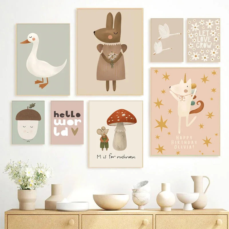 Cute Baby Animals Kids Room Wall Art Illustrations Fine Art Canvas Prints Goose Mouse Lion Polar Bear Posters For Baby Room Wall Decor | Skanto