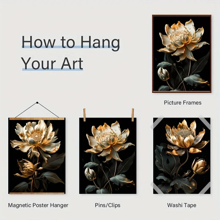 Svart Gylden Floral Veggkunst Fin Kunst Lerret Utskrifter Moderne Botaniske Bilder For Stue Soverom Lett Luksus Boliginnredning | Skanto