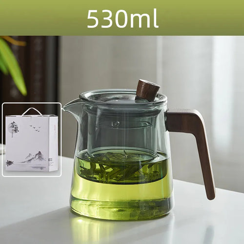 Skanto | GIANXI Retro Glass Teapot Wood Handle Kinesisk Te Seremoni Gjennomsiktig Teutstyr Sett Kopp Filter Høy Bor Silikon Kanne  530ML