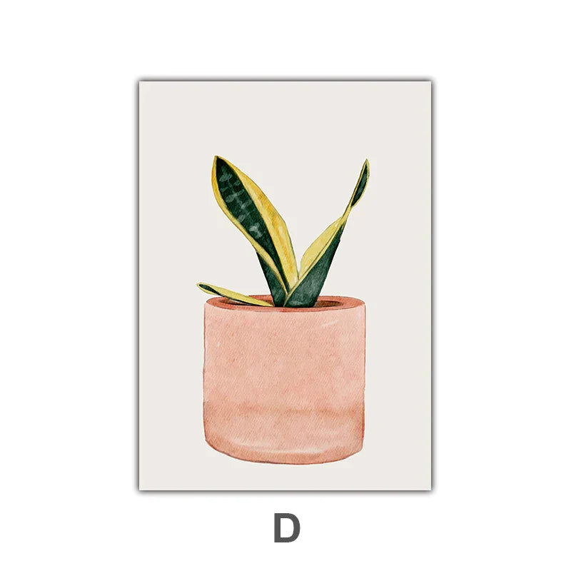 Minimalist Watercolor Cactus Potted Plant Green Leaves Wall Art Fine Art Canvas Prints Pictures for Dining Room Living Room Art Decor | Skanto