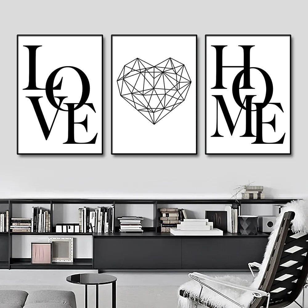 Set of 3Pcs Geometric Love Heart Wall Art Fine Art Canvas Prints Black White Minimalist Posters Pictures For Living Room Bedroom Art Decor | Skanto
