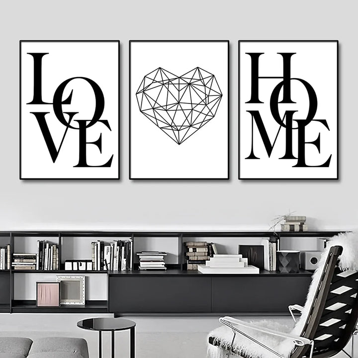 Set of 3Pcs Geometric Love Heart Wall Art Fine Art Canvas Prints Black White Minimalist Posters Pictures For Living Room Bedroom Art Decor | Skanto