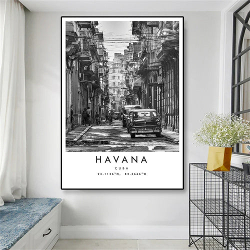 Cuba Havana Black & White Travel Poster Wall Art Fine Art Canvas Print Pictures For Living Room Dining Room | Skanto