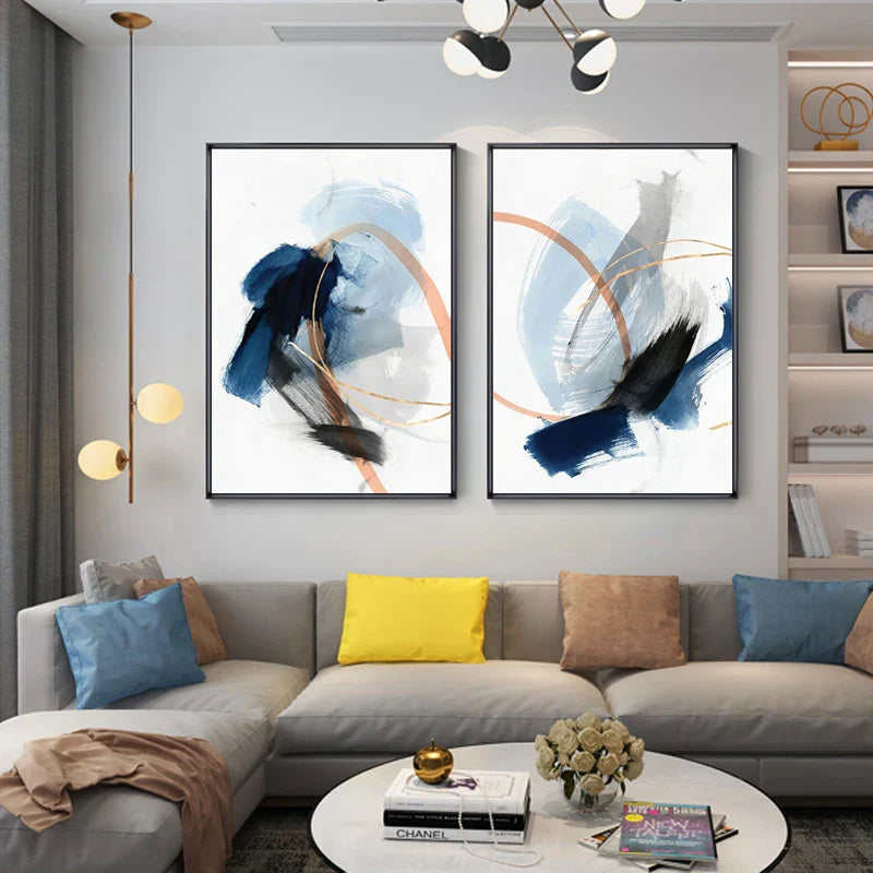Modern Abstract Thick Stroke Wall Art Fine Art Canvas Print Blue Beige With Hints of Orange Gold Nordic Pictures for Living Room Decor | Skanto