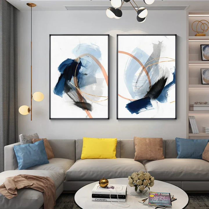 Modern Abstract Thick Stroke Wall Art Fine Art Canvas Print Blue Beige With Hints of Orange Gold Nordic Pictures for Living Room Decor | Skanto