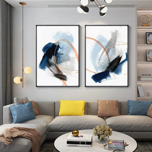 Modern Abstract Thick Stroke Wall Art Fine Art Canvas Print Blue Beige With Hints of Orange Gold Nordic Pictures for Living Room Decor | Skanto