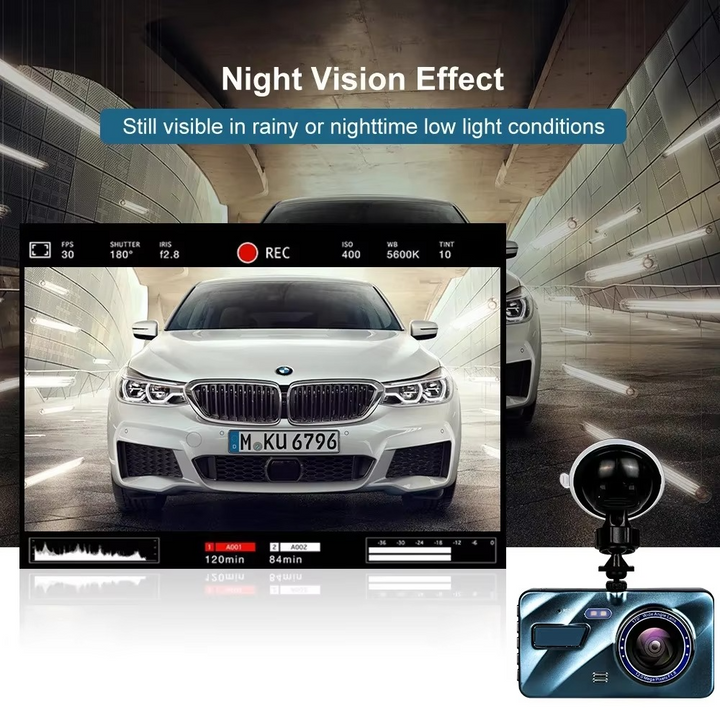 Skanto | 4" Dobbeltlinse Dash Cam med Full HD 1080P, Nattesyn, Front- og Bakvisning, Loopopptak, Aluminiumslegering Svart Boks