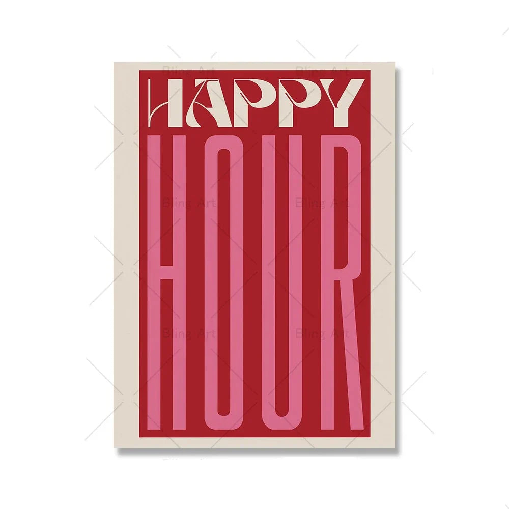 Retro Typographic Happy Hour Bar Cafe Kitchen Wall Art Fine Art Canvas Prints Pictures for Living Room Dining Room Colorful Art Decor | Skanto