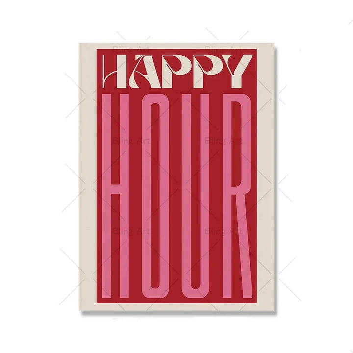 Retro Typographic Happy Hour Bar Cafe Kitchen Wall Art Fine Art Canvas Prints Pictures for Living Room Dining Room Colorful Art Decor | Skanto