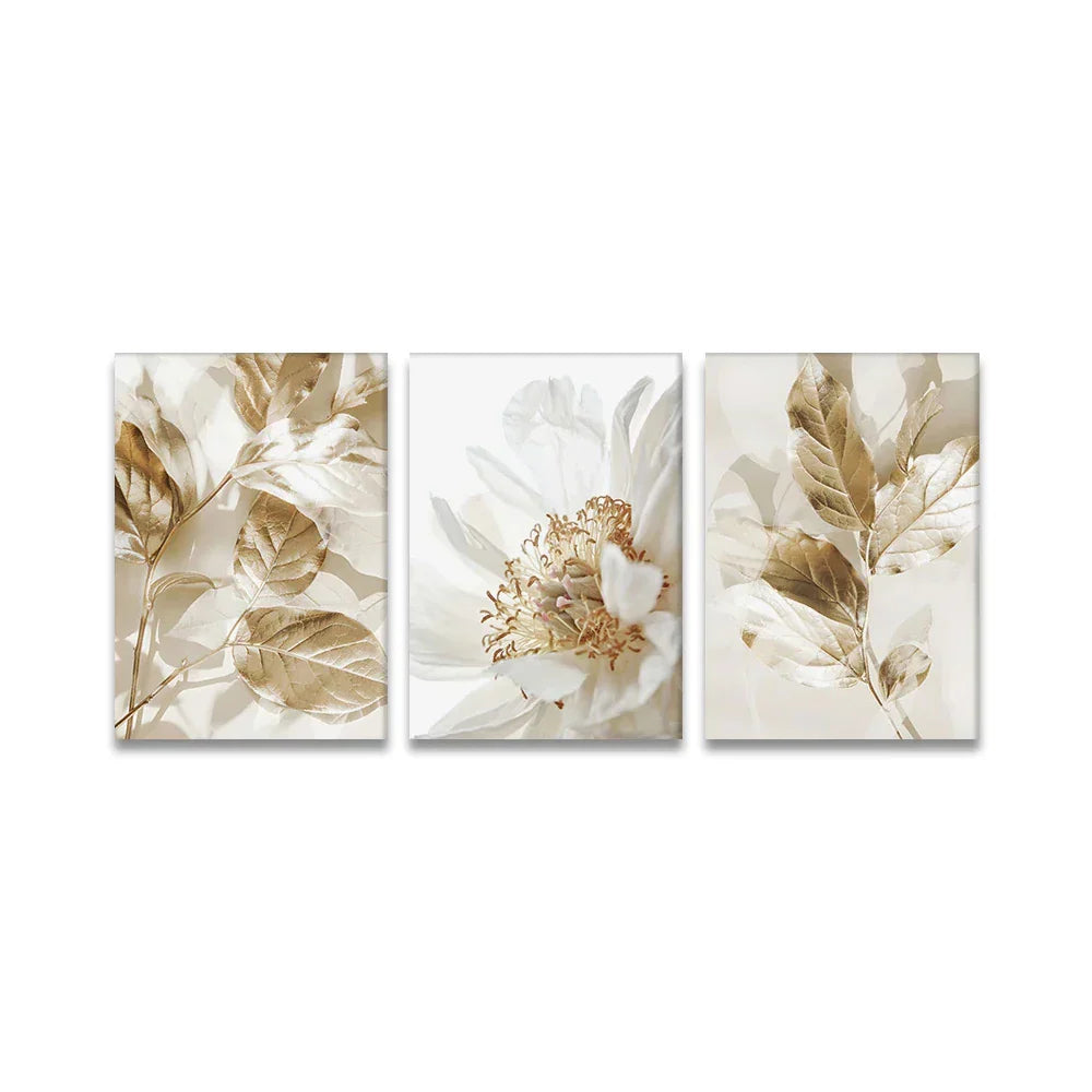 Modern White & Gold Floral Wall Art Fine Art Canvas Prints Pictures for Living Room, Dining Room, Bedroom Art Decor (Set of 3) | Skanto
