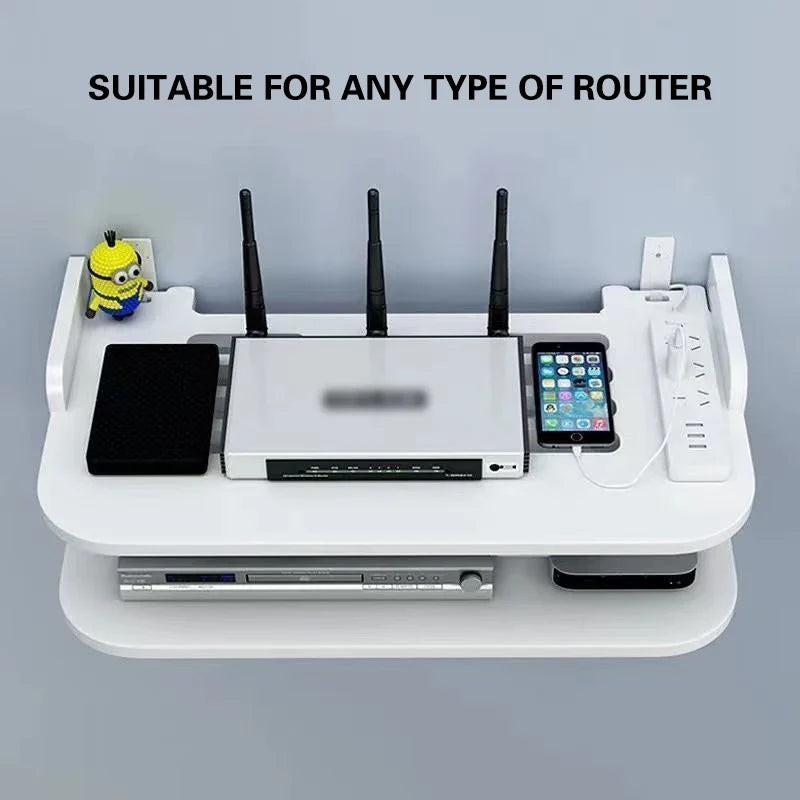 Norvo | SkyConnect Home | WLAN Ruter Vegghylle | Skjult Kabel Organizer & Stikkontakt Holder | Flytende Hylle for TV Boks & Mer | Hvit | 40×12×8 cm