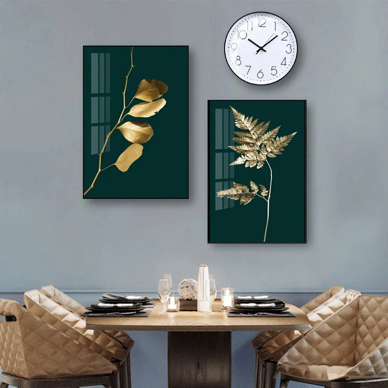 Abstract tropical botanicals golden leaves wall art artistic canvas prints pictures for living room dining room light luxurious interior decor | Skanto