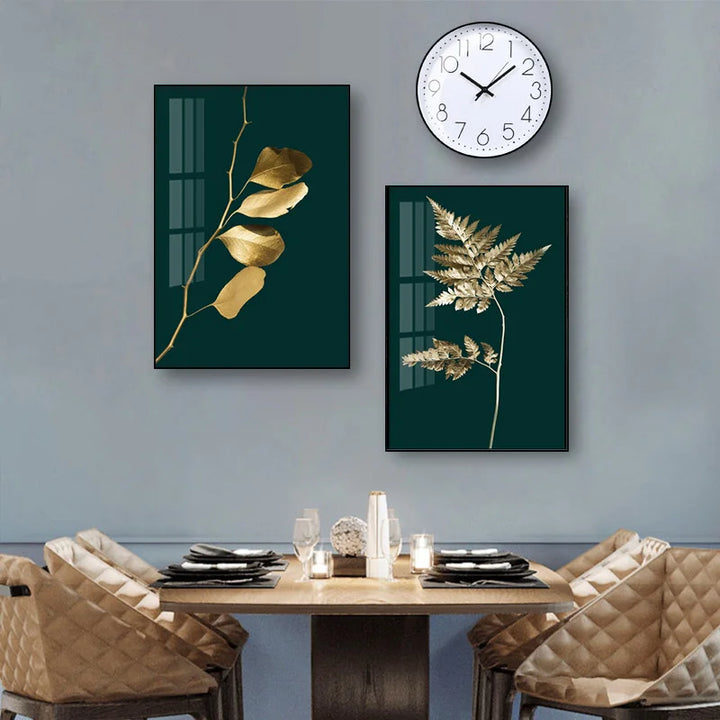 Abstract tropical botanicals golden leaves wall art artistic canvas prints pictures for living room dining room light luxurious interior decor | Skanto