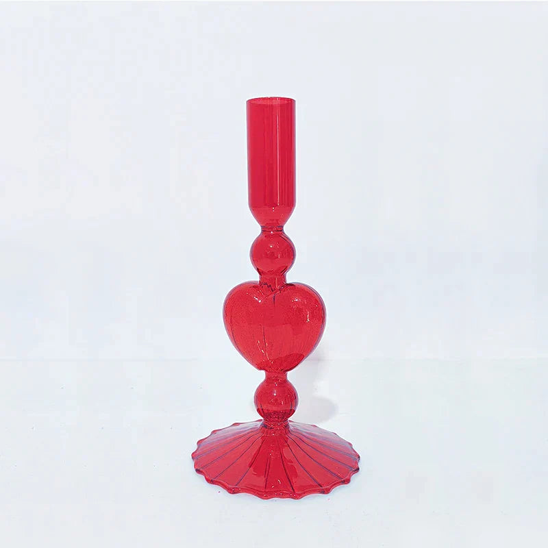 Skanto | Retro Taper Lysestake Rød Hjerteformet Glass Lysestake Bryllup Borddekorasjon Hjem Fest Glass Vase Dekor