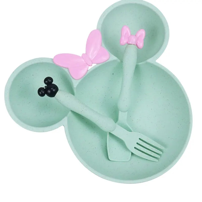 Norvo | 3 stk/set tegneserie baby servise sett: hvetegress barn servise med sløyfe-mat-tallerken, skje, gaffel - barn middag mating tallerken