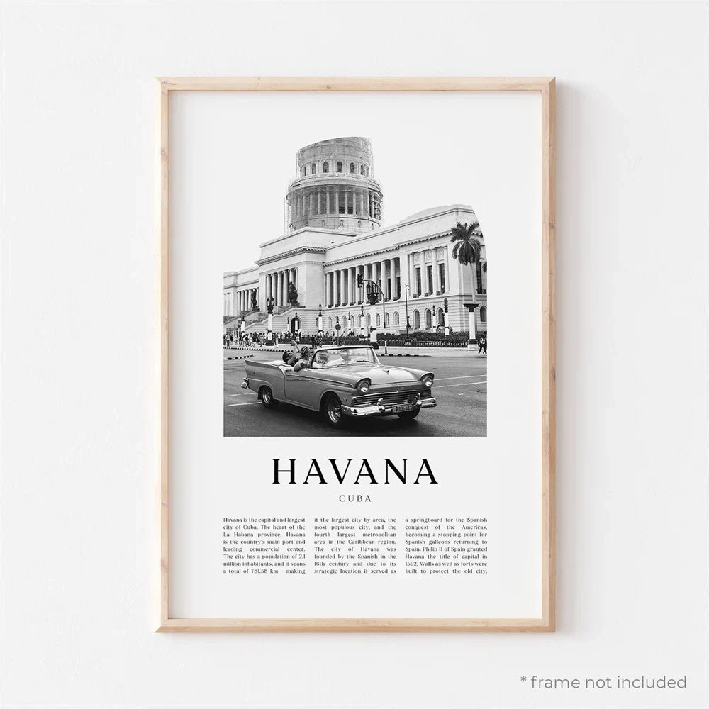 Cuba Havana Black & White Travel Poster Wall Art Fine Art Canvas Print Pictures For Living Room Dining Room | Skanto