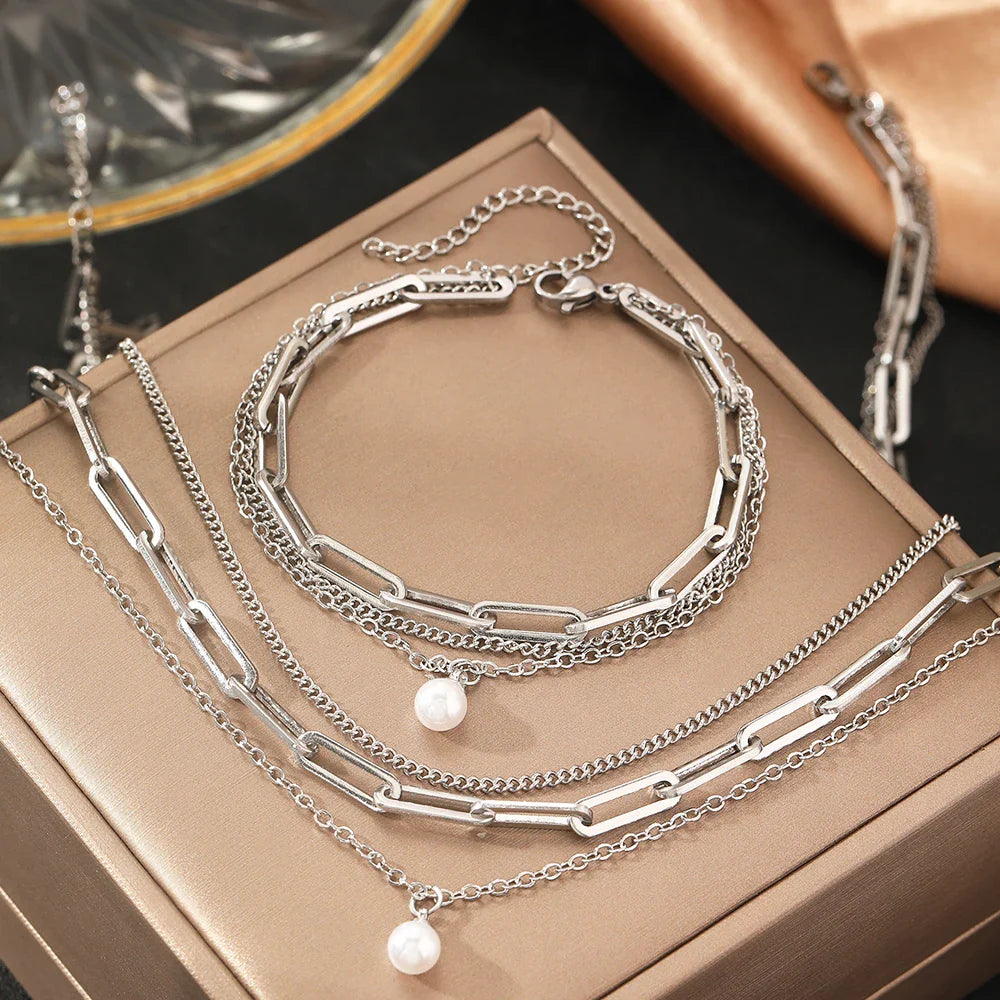 Skanto | Paperclip & Curb Chain Delikat Perle Armbånd og Halskjede Stabelsett