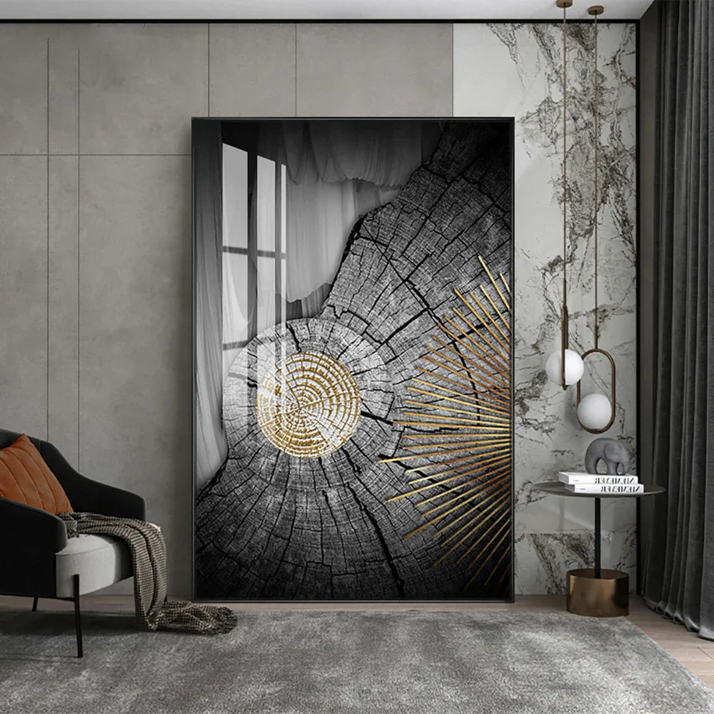 Abstrakte svarte gulltre ringer veggkunst Fine Art lerretstrykk lys luksus bilder for stue foajé inngangsparti resepsjonsområde kunst dekor | Skanto