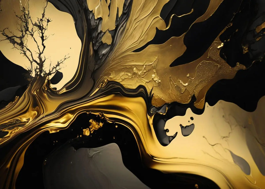 Modern Fluid Geometry Black Gold Abstract Wall Art Fine Art Canvas Prints Pictures For Living Room Dining Room Home Office Decor | Skanto