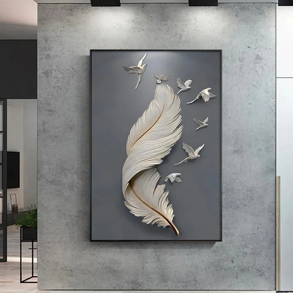 Seven Birds Feather Wall Art Fine Art Canvas Prints 3D Visualization Minimalist Abstract Pictures for Living Room Entrance, Foyer Art Decor | Skanto