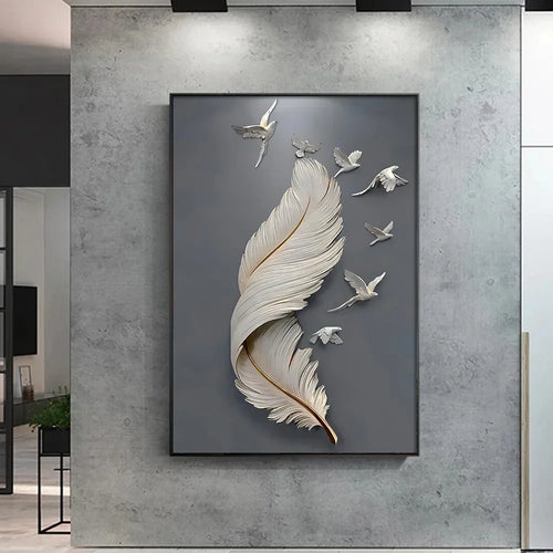 Seven Birds Feather Wall Art Fine Art Canvas Prints 3D Visualization Minimalist Abstract Pictures for Living Room Entrance, Foyer Art Decor | Skanto