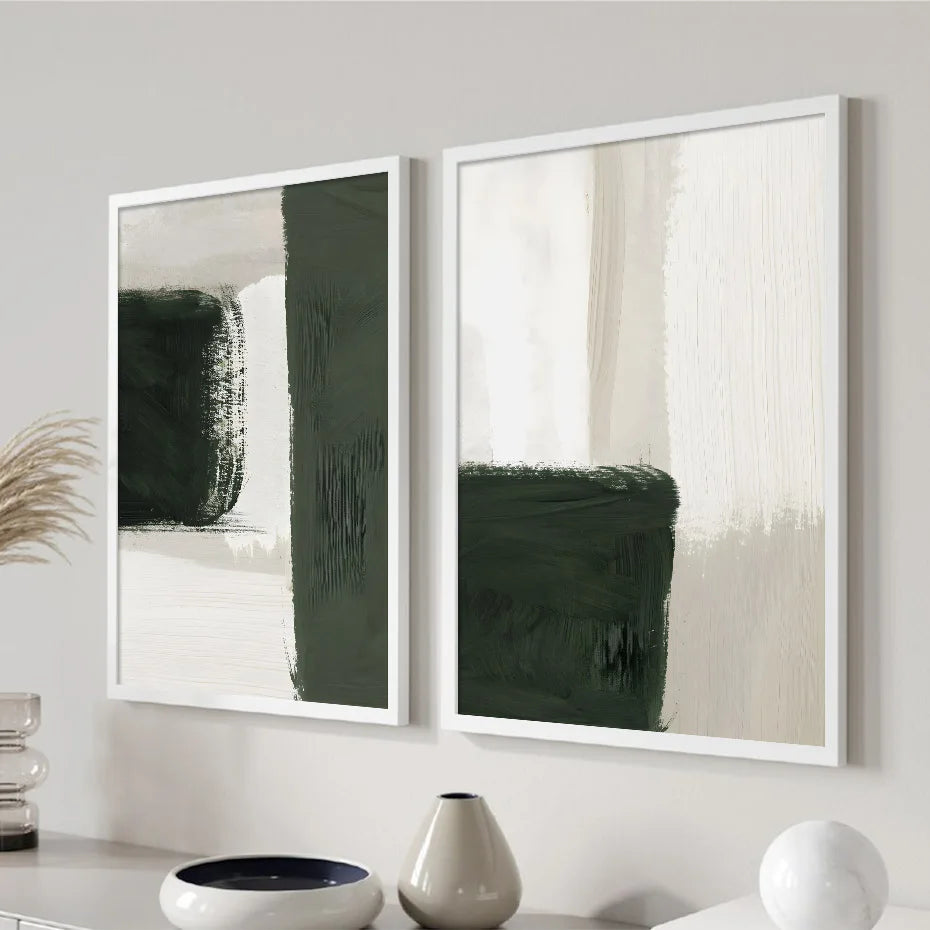 Modern Abstract Green Beige White Brushstroke Canvas Prints Nordic Wall Art for Modern Living Room Home Decor Artwork | Skanto