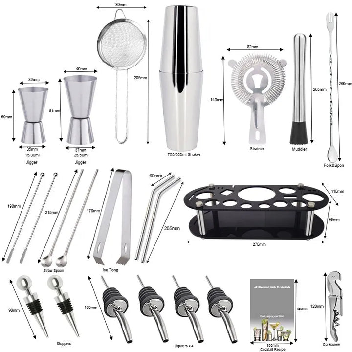 Skanto | 13-22 stk Boston Cocktail Shaker Set - 750ml & 600ml Barverktøy, Vinmikser-sett med holder - Profesjonelt bartender-verktøysett