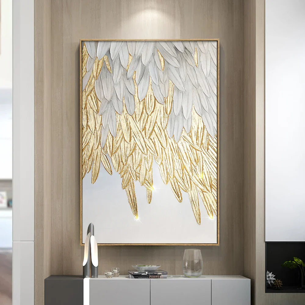 Modern Abstract Golden Feather Design Wall Art Fine Art Canvas Prints Picture For Luxury Living Room Bedroom Entryway Foyer Art Decor | Skanto