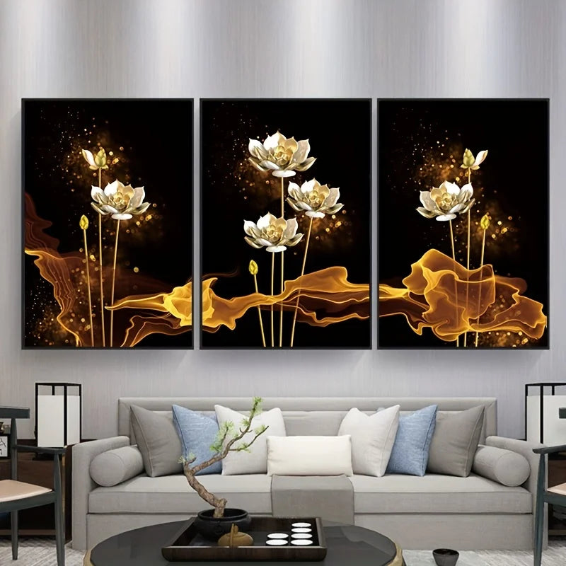 Set of 3PCs White Golden Lotus Exotic Flower Wall Art Fine Art Canvas Prints Exotic Botanical Pictures for Luxurious Living Room Dining Room Bedroom Art Decor | Skanto