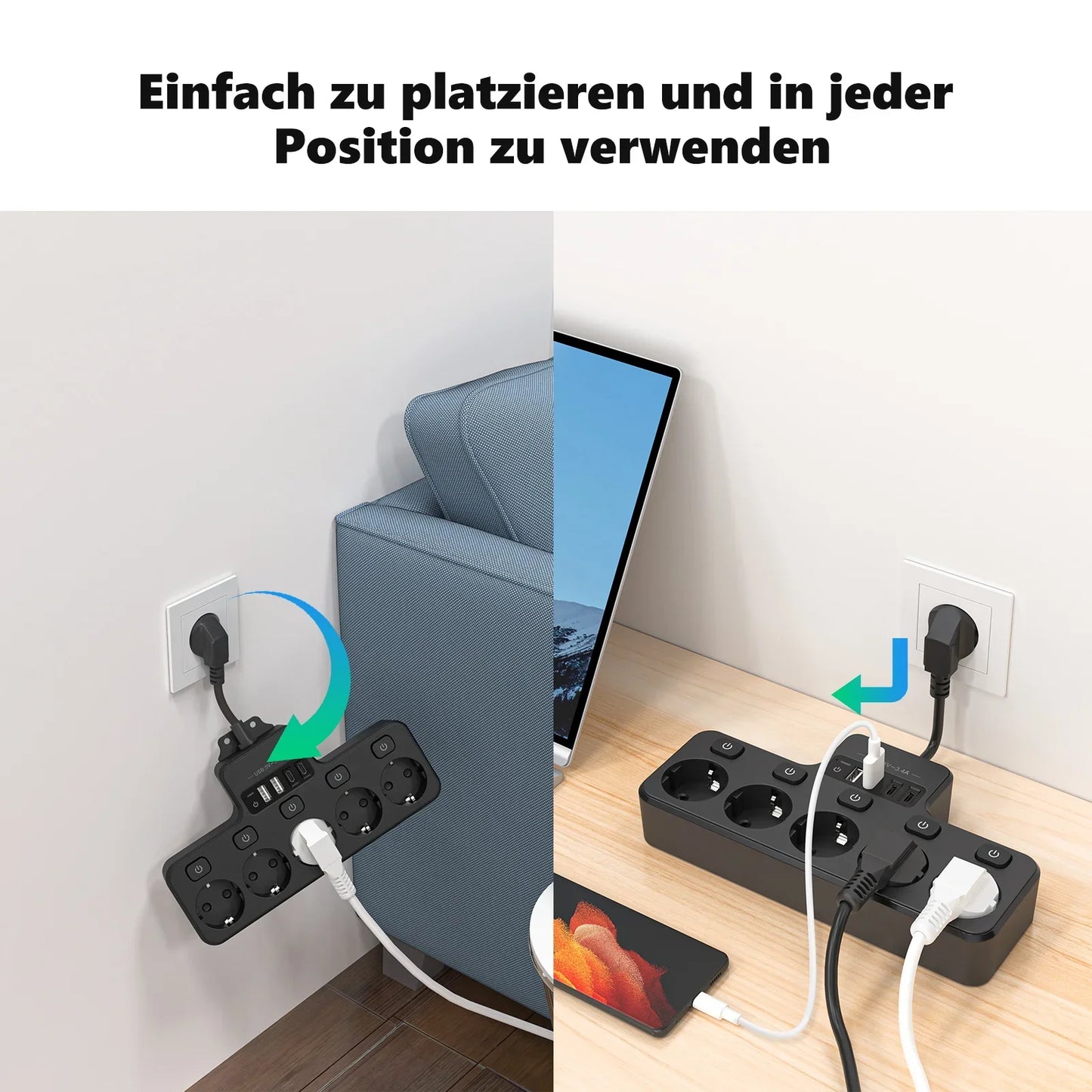 Norvo | Voltaro Pro 9-i-1 | Strømskinne EU | 5 AC-utganger + 4 USB (2× Type-C) | Individuell bryter | 16A | Kort kabel 10 cm