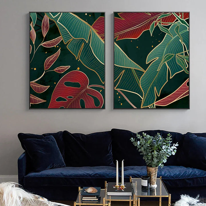 Modern Abstract Tropical Botanicals Wall Art Fine Art Canvas Prints Red Green Palm Leaves Posters Pictures For Living Room Hotel Room Decor | Skanto