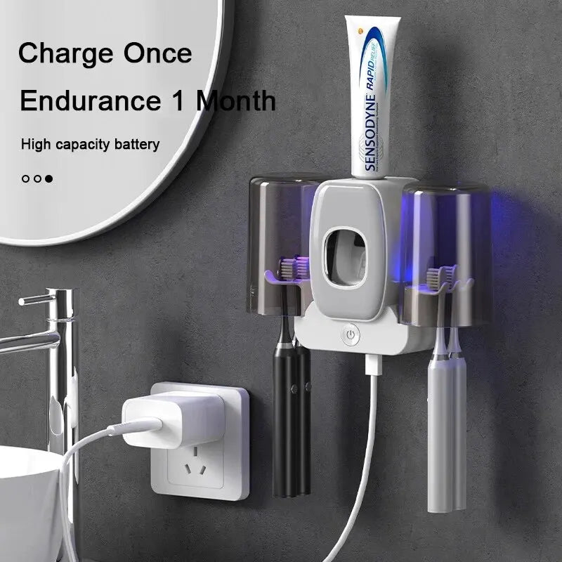 Norvo | UV Tannbørsteholder PureBrush UV | Sterilisering med UV Lys | Automatisk Tannkremdispenser | Veggmontering Uten Boring