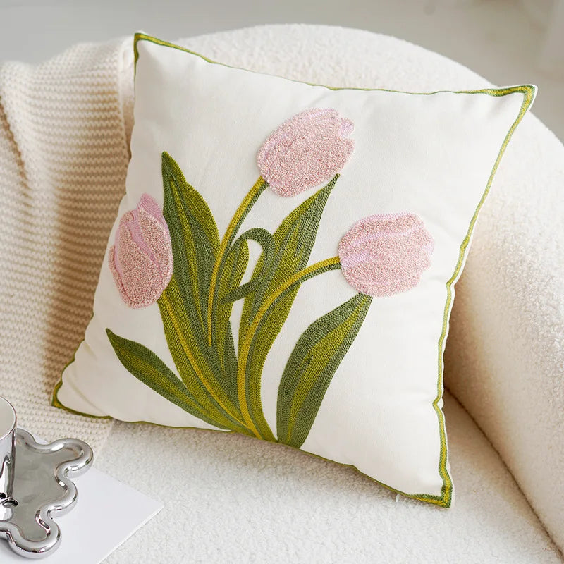 Grønn & Rosa Tulipan Brodert Putetrekk | Skanto