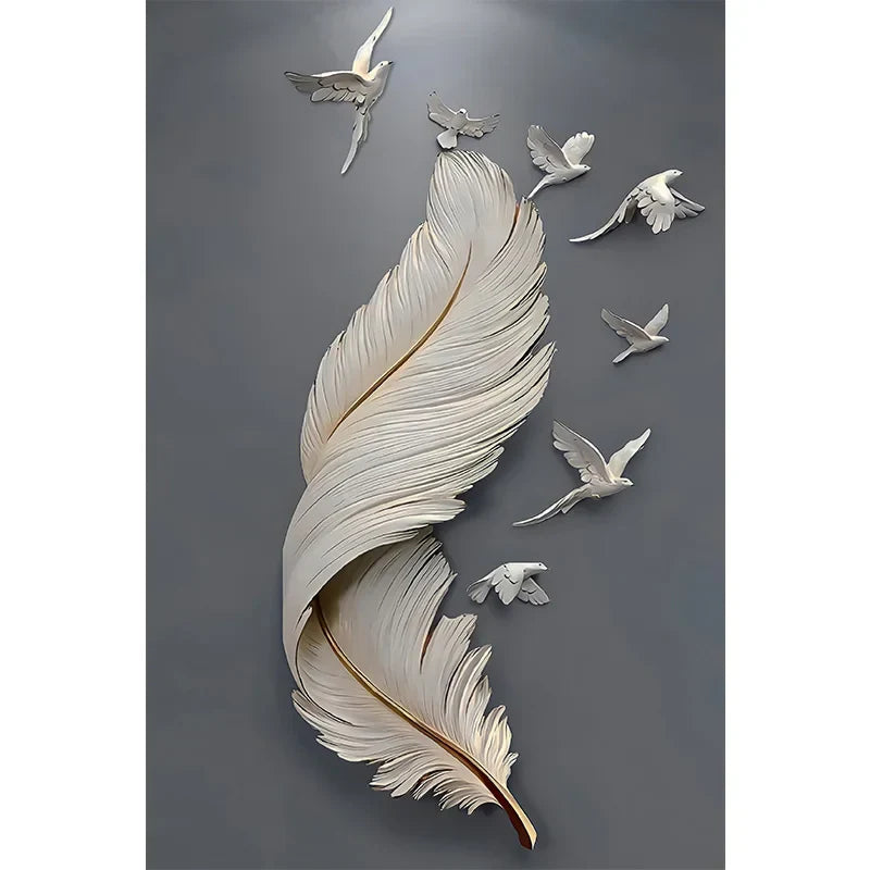 Seven Birds Feather Wall Art Fine Art Canvas Prints 3D Visualization Minimalist Abstract Pictures for Living Room Entrance, Foyer Art Decor | Skanto