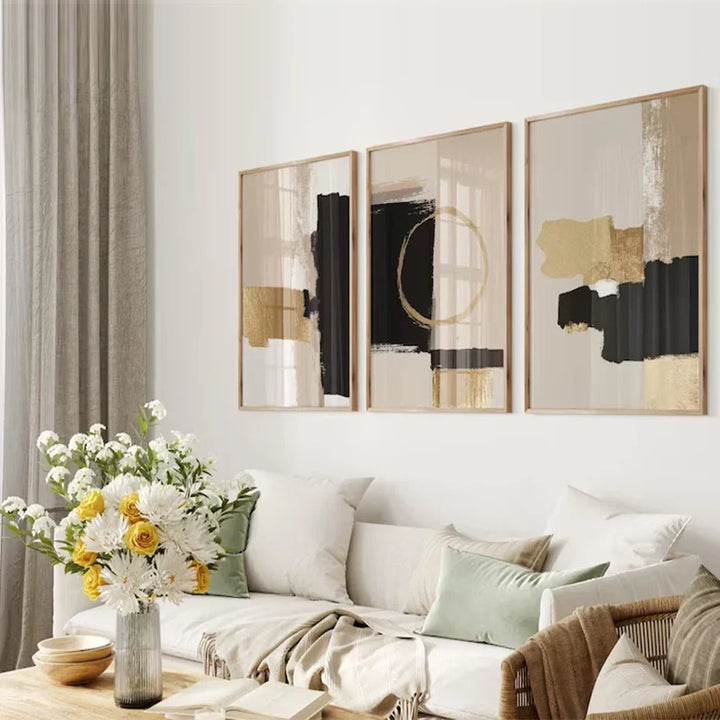 Black Beige Golden Color Block Abstract Wall Art Artistic Canvas Prints Modern Pictures for Living Room Bedroom Contemporary Interior Decor | Skanto