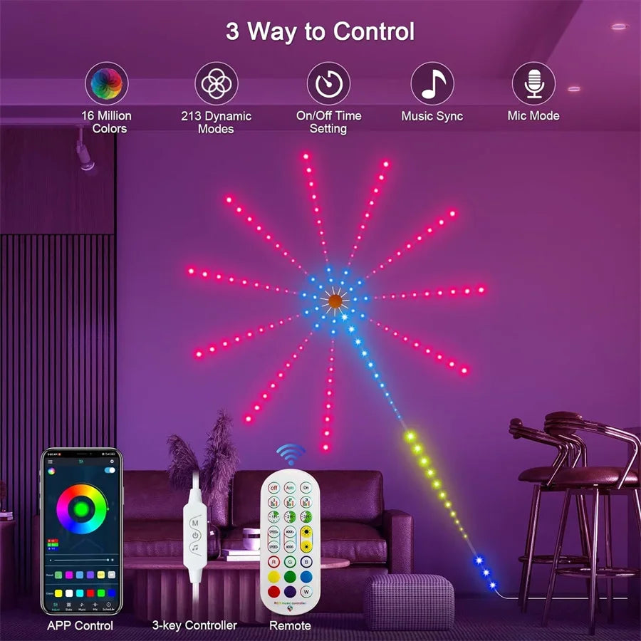 Smart RGB Fyrverkeri LED Lyskurs Jul Lys - App Kontrollert Starburst Fe-lamper med Musikk Synk for Fester, Bryllup, og Høytidsdekor