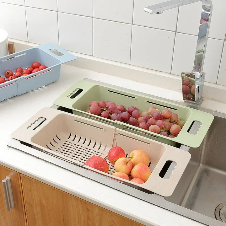FlexDrain Dreneringskurv Kjøkken – Justerbar Kokedusjorganisator | Automatisk Drenering & Frukt Grønnsakstørrer | Plassbesparende Kjøkken Tilbehør | Skanto