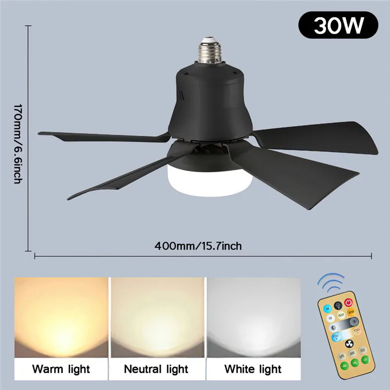 30W E27 Takvifte Lys med Fjernkontroll - LED Dimming Funksjon, Intelligent Stille Vifte for Soverom & Stue | Skanto