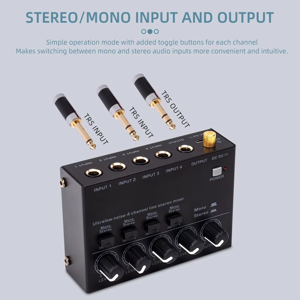 Skanto | Ultra-kompakt 4-kanals lav støy lydmikser med stereo RCA-utgang