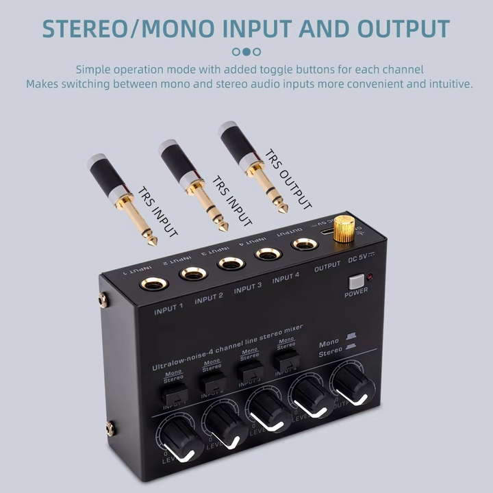 Ultrakompakter 4-Kanal-Audiomixer med lyd og stereoanlegg