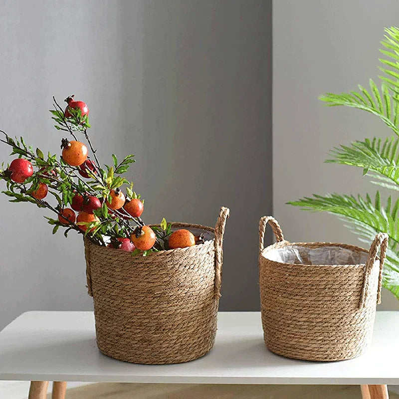 Skanto | Nordisk Ekstra Stor Strå Blomsterpotte Tare Oppbevaringskorg Potte Grønn Plante Blomsterkorg Håndvevd Gulv Innendørs Blomsterpotte