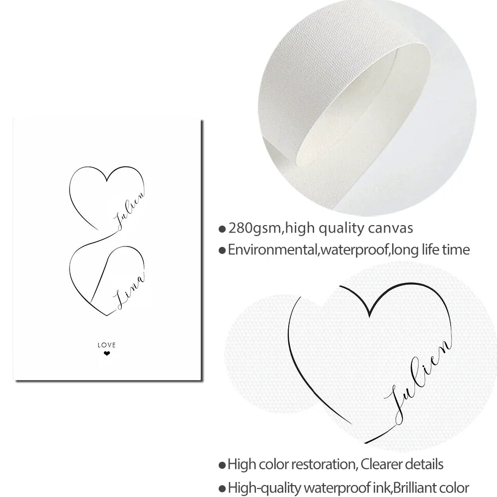 Personalized Love Heart Couple Name Poster Wall Art Black White Canvas Prints Simple Pictures for Bedroom Living Room Wall Decor | Skanto