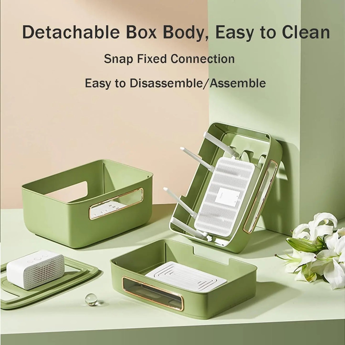 Norvo | HideNet WLAN Ruter Oppbevaringsboks | Med Kabelhåndtering & Stikkontakt Kompartment | Gjennomsiktig & Avtakbar | 1–4 Nivåer Valgbart