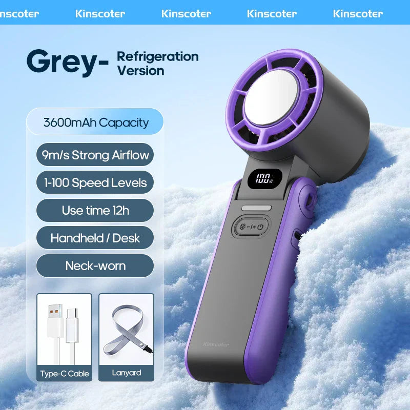 CoolityGo Håndholdt Vifte med Is-Kjøling Teknologi | 100 Fartnivåer | 3600mAh Batteri | Sammenleggbar & Ultralett | Skanto