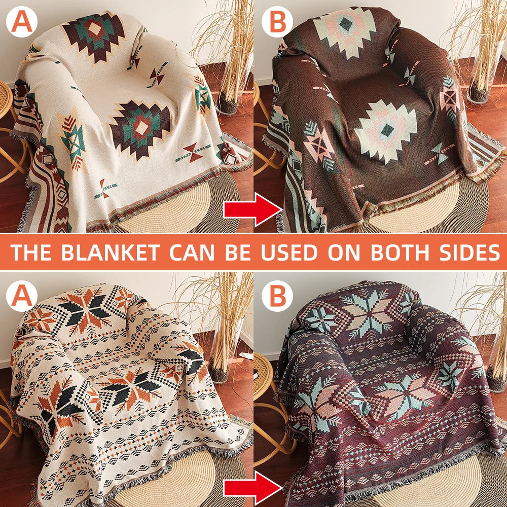 Norvo | AztecaLoom Boho Teppe | XXL Aztec Kaste med Frynser | Southwestern Etno Stil | Vintage Kaste Teppe laget av Bomullsblanding