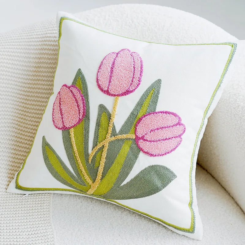 Grønn & Rosa Tulipan Brodert Putetrekk | Skanto