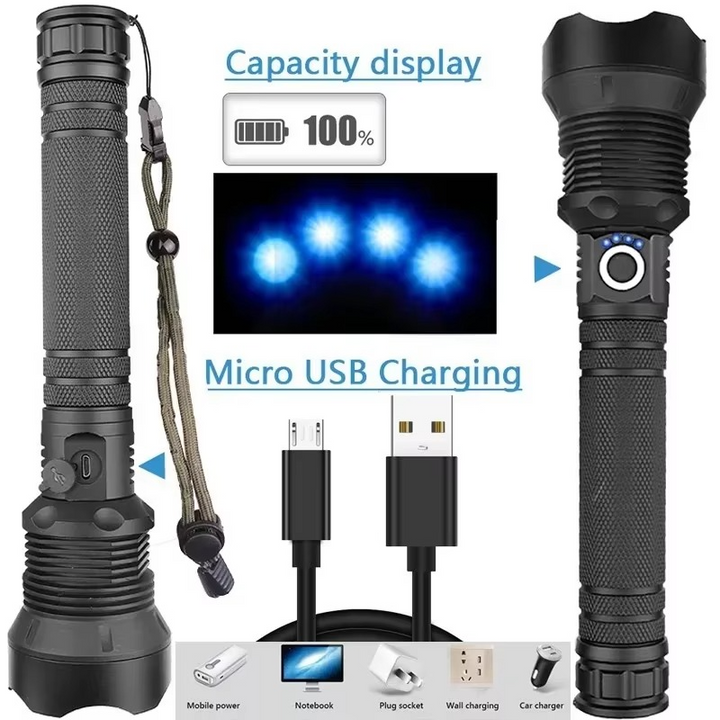 Skanto | Høy-effekt LED taktisk lommelykt, USB oppladbar, zoombar lysstråle, 5 lysmodus, vanntett, passer 26650 batteri