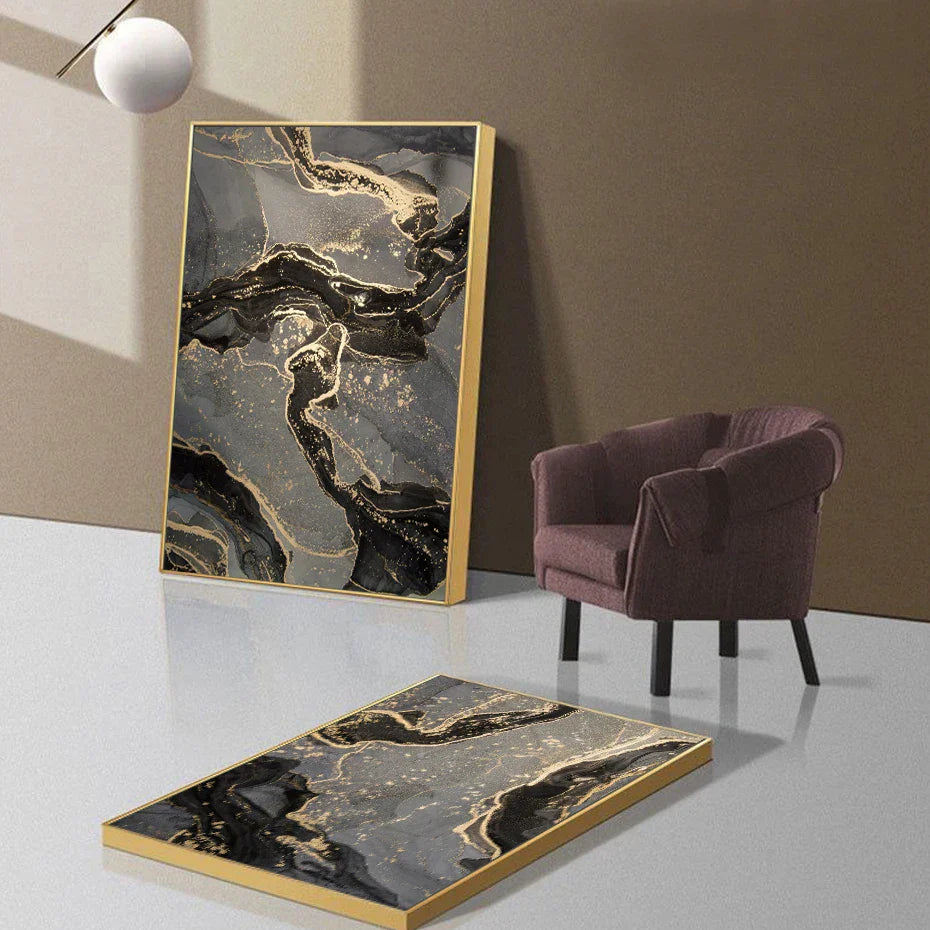 Abstract Black Gray Gold Fluid Marble Print Wall Art Fine Art Canvas Prints Pictures for Modern Apartment Living Room Home Office Decor | Skanto