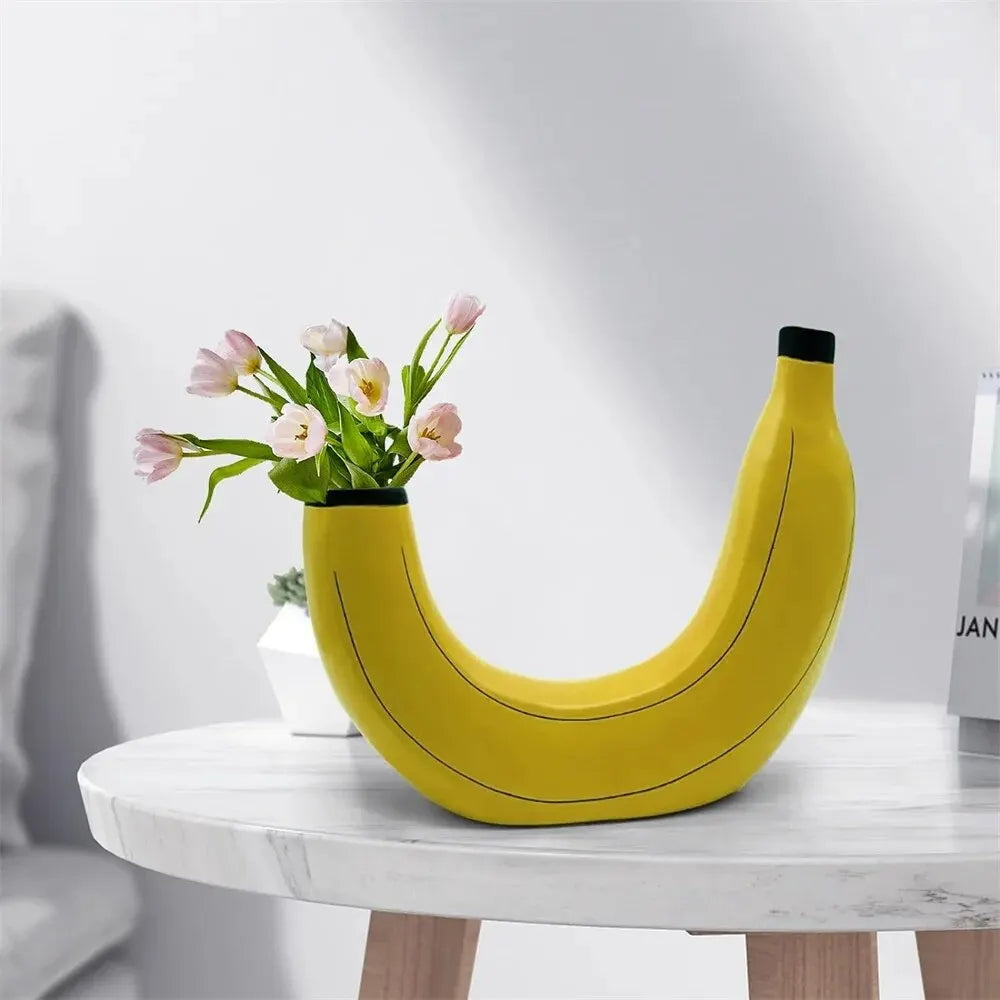 Skanto | Banan vase, blomster vase laget av harpiks, søt bananform, dekorativ bordvase for blomsterarrangementer, stue, soverom, hjemmedekorasjon